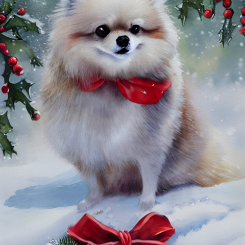 Liebeling Pomeranian Christmas - Gouache and Colored Pencil