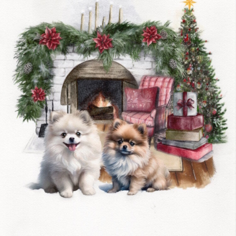 Christmas Pomeranians 2023- Gouache and Colored Pencil